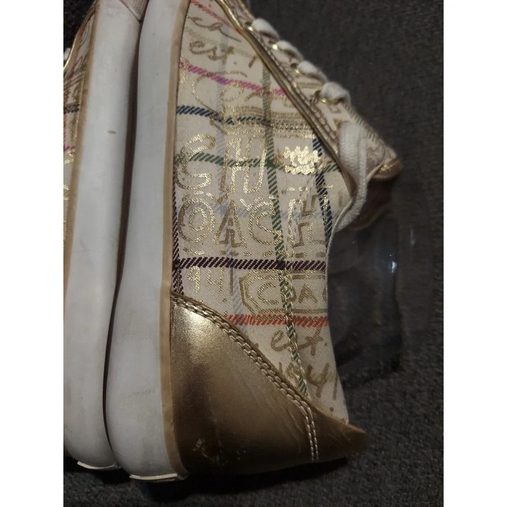 Coach Women's Size 8.5B Barrett Cream Gold Plaid Lace-Up Low Top Sneakers‎ Y2k